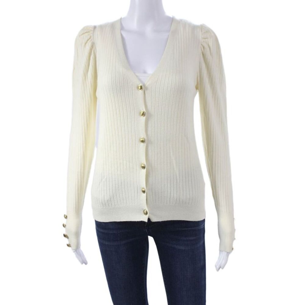 Johanna Paris Women Cardigan Ivory V Neck Viscose Long Sleeve Size M